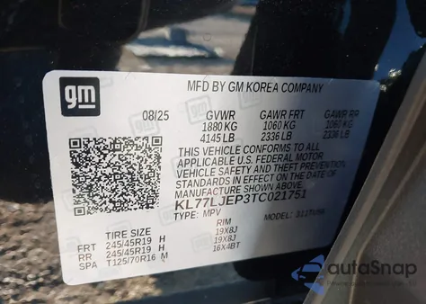 2026 Chevrolet Trax Fwd 2Rs z USA, uszkodzony, nr VIN KL77LJEP3TC021751